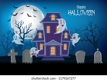 Haunted house and ghost with halloween background