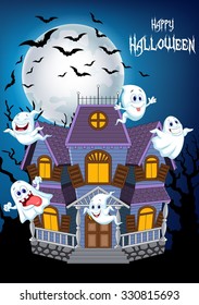 Haunted house and ghost with halloween background.
