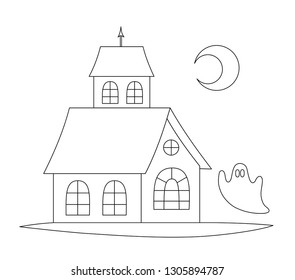 Haunted House With The Ghost. Line Art For Coloring Book. Vector Coloring Page.