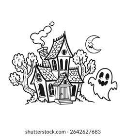 Haunted house with ghost and moon in creepy night setting – Vector Illustration