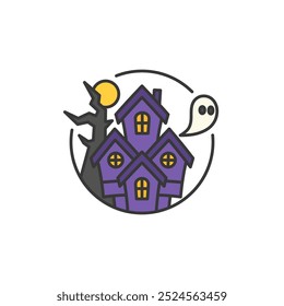 Haunted House with Ghost. Scary House with Flying Ghost in Full Moon. Halloween Logo. Trick or Treat Party Icon