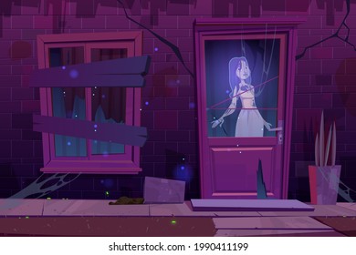 Haunted house with ghost stand in darkness behind of door window. Scary abandoned old building exterior with dead woman spirit inside, cracked wall, halloween spooky scene. Cartoon vector illustration