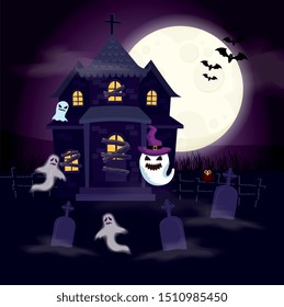 haunted house with ghosts in scene halloween