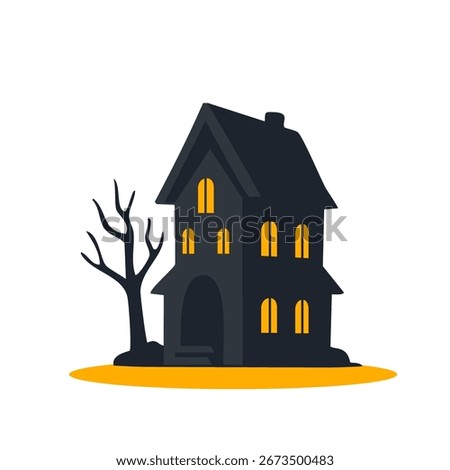Haunted house with glowing windows and dark silhouette for halloween night