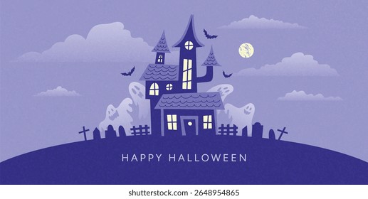 Casa assombrada com janelas brilhantes, fantasmas, morcegos e lua cheia no cemitério. Feliz Dia das Bruxas no fundo noite roxa. Ilustração de vetor desenhada à mão plana