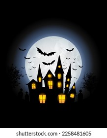 Haunted house with glowing windows, gravestones and flock of bats against shining moon - vector illustration
