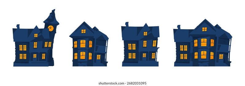 Casa assombrada com janelas brilhantes - conjunto de ilustração vetorial