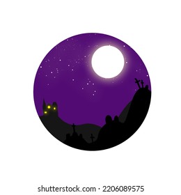 haunted house graveyard crematory on hills purple violet lilac night sky starry skyline circular  sphere framed image cartoon vector Halloween trick or treat costume sweets kids marketing digital art 