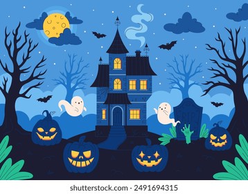 Haunted house with graveyard, pumpkin, bats, trees, full moon. Happy Halloween. Vector illustration in flat style