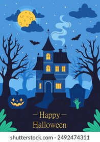 Haunted house with graveyard, pumpkin, bats, trees, full moon. Happy Halloween. Vector illustration in flat style