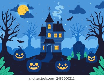 Haunted house with graveyard, pumpkin, bats, trees, full moon. Happy Halloween. Vector illustration in flat style