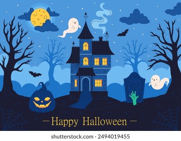 Haunted house with graveyard, pumpkin, bats, trees, full moon. Happy Halloween. Vector illustration in flat style