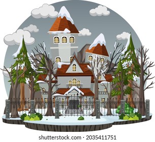 Haunted house with grey sky illustration