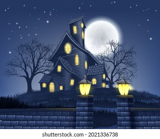 A haunted house Halloween background with a full moon