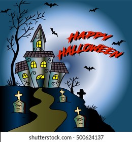Haunted house halloween background.  Happy halloween greeting card. 