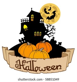 Haunted house with Halloween banner - vector illustration.