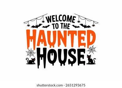 Casa assombrada banner de Halloween, sinal de boas-vindas, teia de morcego e aranha assustadora, convite de festa assustador, celebração de outubro, design festivo