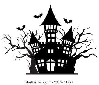 Haunted house halloween with bat and dry tree, elements for halloween greeting card, vector illustration