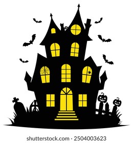 Haunted house halloween with bat, grave, pumpkin, cat, elements for halloween greeting card, vector illustration.