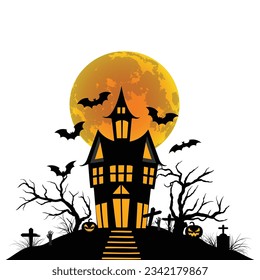 Haunted house halloween with bat, tree, grave, pumpin, elements for halloween greeting card, vector illustration