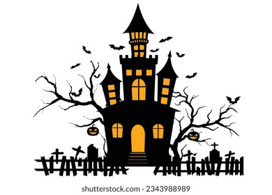 Haunted house halloween with bat, tree, grave, pumpin, elements for halloween greeting card, vector illustration