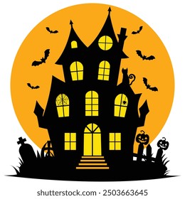 Haunted house halloween with bat, tree, grave, pumpkin, cat, elements for halloween greeting card, vector illustration.