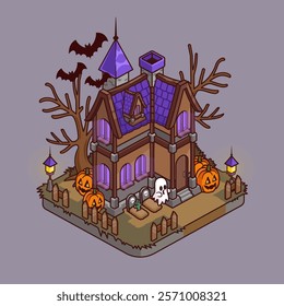 Haunted House Halloween Building Cartoon Vector Icon 
Illustration. Building Object Icon Concept Isolated Premium 
Vector. Flat Cartoon Style 