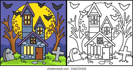 Haunted House Halloween Colored Illustration