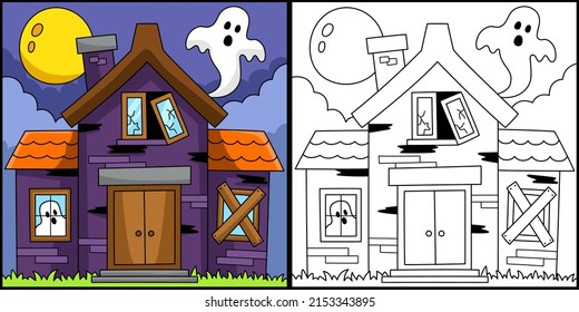 Haunted House Halloween Coloring Page Illustration