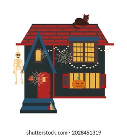 Haunted house with halloween decoration Flat vector illustration on white background