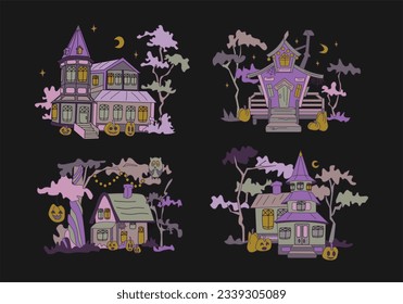 Haunted house with halloween decoration pumpkins and web Halloween houses set. Vector cartoon illustration on black background.