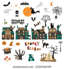 Haunted House und Halloween Elements Set.Hexe auf einem Besen, Geister, Kürbisse, Spinne mit einem Netz, schwarze Katze, gruselige Bäume, Grabstein, Trank, handgeschrieben.Vektordesign einzeln auf weiß.Flache Illustration.