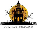 Haunted house halloween with fullmoon, bat, tree, grave, pumpin, elements for halloween greeting card