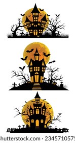 Haunted house halloween with fullmoon, bat, tree, grave, pumpin, elements for halloween greeting card, vector illustration