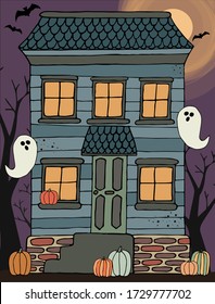 Haunted House. Halloween Hunted house. Halloween background with old house, ghosts, bats, pumpkins and big moon. Vector illustration.