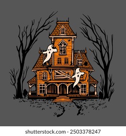 Haunted house, halloween poster, hand drawn sketch, engraving style, vector outline