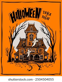 Casa embrujada, cartel de halloween, bosquejo dibujado a mano, estilo de grabado, contorno de Vector