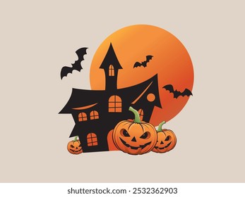 Casa embrujada con ilustración de caras de calabaza de halloween 