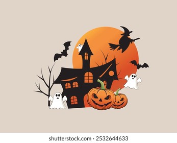 Casa embrujada con calabaza de halloween, fantasmas, ilustración de bruja 