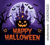 Haunted house Halloween scene with pumpkins and bats.