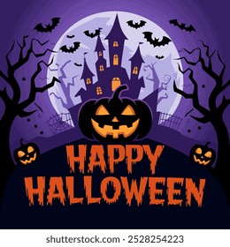 Haunted house Halloween scene with pumpkins and bats.