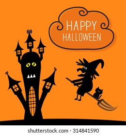 Haunted house Happy Halloween witch and black cat silhouette. Cloud in the sky. Orange background. Flat design Vector illustration.