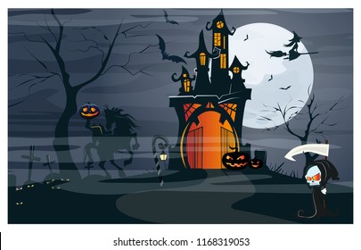 Haunted house, headless horseman, pumpkins at moon night vector illustration. Halloween night background. Holiday concept. For websites, wallpapers, banners or posters