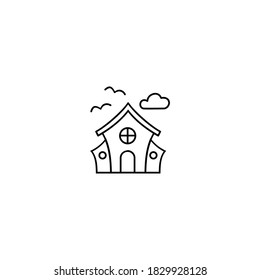 Haunted house icon. Halloween icon. Simple, flat, outline, black.