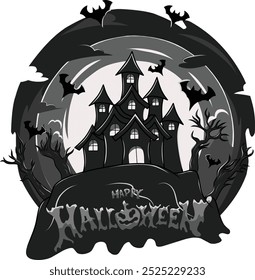 Eine spukende Hausgrafik mit gruseligen Fledermäusen, gruseligen Bäumen und einem Halloween-Gruß im Vordergrund. Perfekt für Halloween-Designs, Poster oder Partyeinladungen.