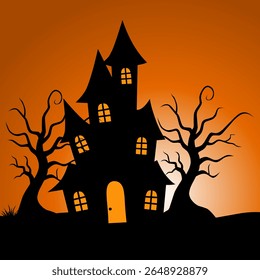 Ilustração de casa assombrada com árvores nervosas torcidas em um fundo laranja. Ideal para projetos com tema de Halloween, cartazes assustadores e convites para festas
