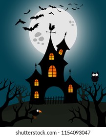 Haunted house illustration with moon and flying bats on background. Halloween theme. Vector