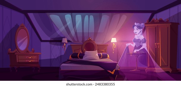 Haunted house interior - ghost of young woman in ball dress standing in atic bedroom with bed and mirror, closet and window. Cartoon vector illustration of home room with dead princess or queen.