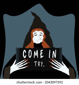 Haunted House invitation banner. Witch holding placard. Halloween party design. Vector illustration Copy space