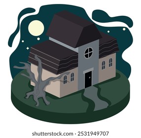 haunted house in isometric style with dry tree, landscape with an abandoned house. vector illustration.